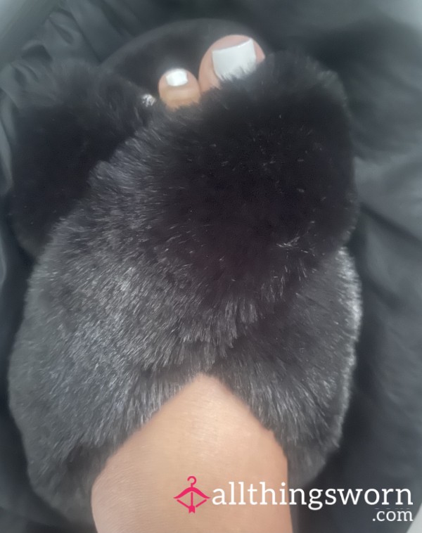 Worn Black Fluffy Slippers