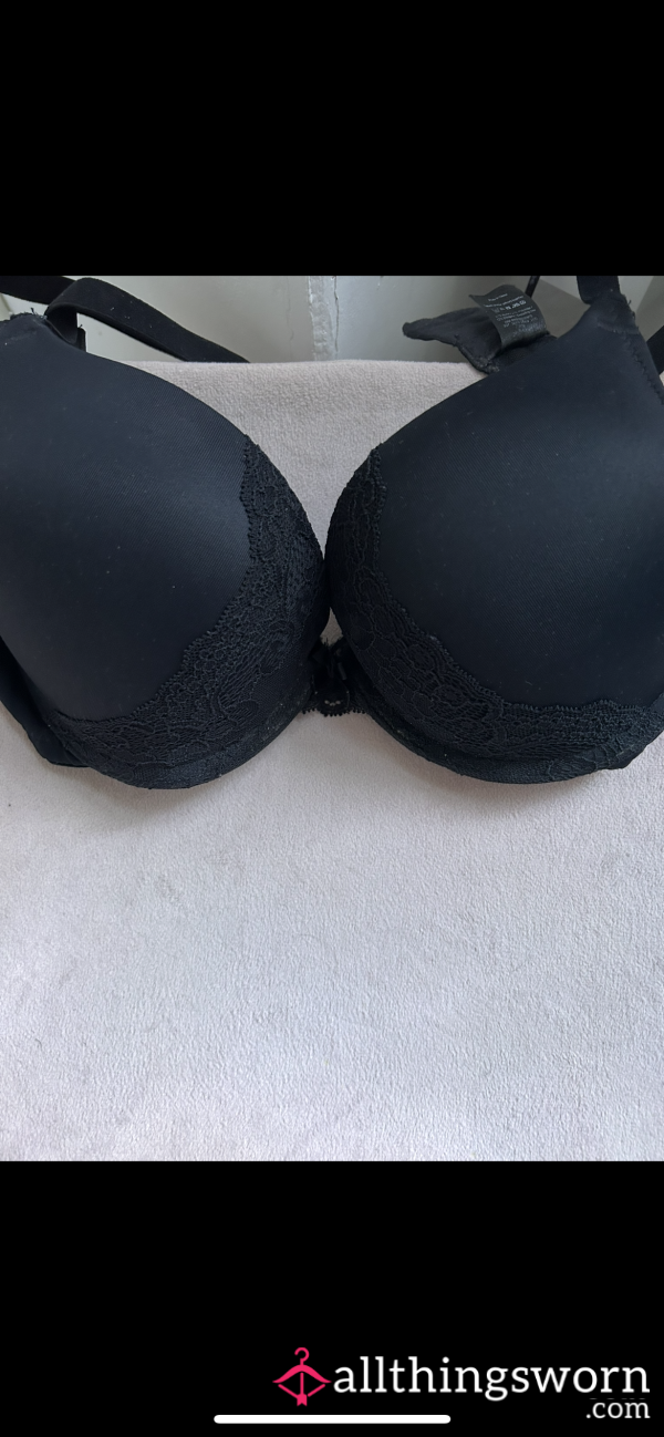 WORN - Black Padded Bra With Black Lace Detail