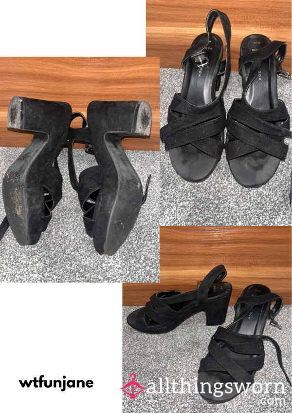 Worn Black Suede Wrap Over High Heels UK 5