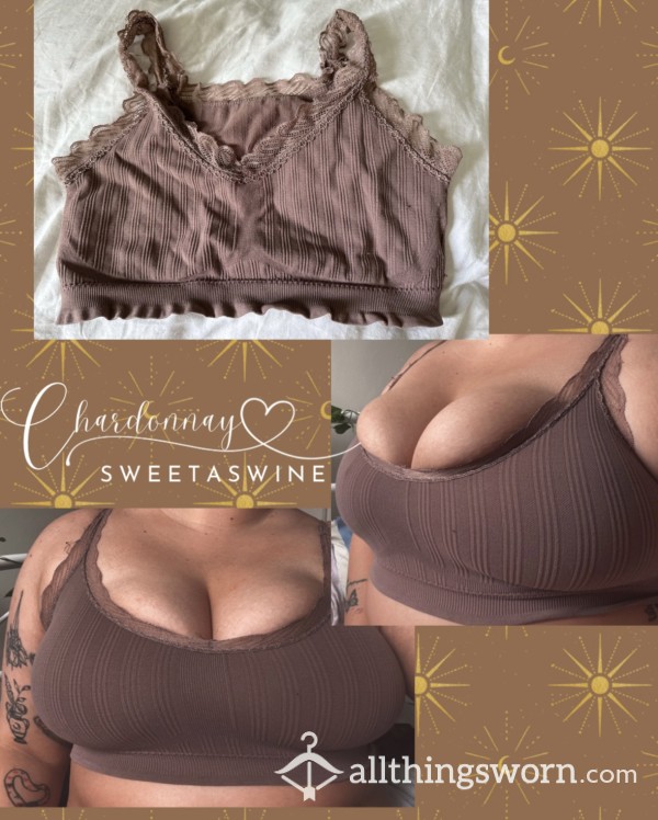 🍷UK M|🤎Old Worn Sweaty Lace Brown Spandex Bra🍉🍉