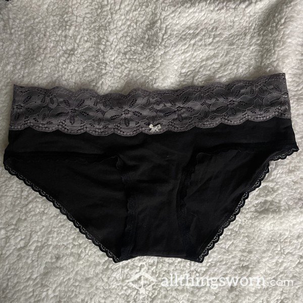 WORN Cheeky Cotton And Lace Black/Grey Panties *48 HR WEAR*