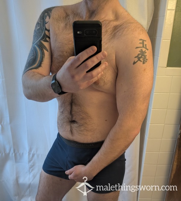 Worn Dark Blue Boxer Briefs! Large Holding An XL Sized Package!