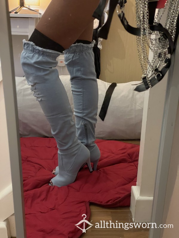 Worn Denim Thigh High Boots