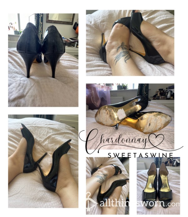 🍷UK 6|Worn Dirty Designer Ted Baker Patent/Croc P**p Toe Heels 👠