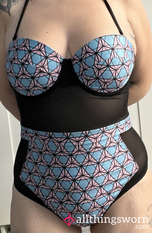 Worn Geometric Pattern Halter Neck Swimming Costume