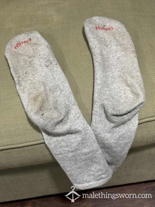 Worn Gray Hanes Crew Socks