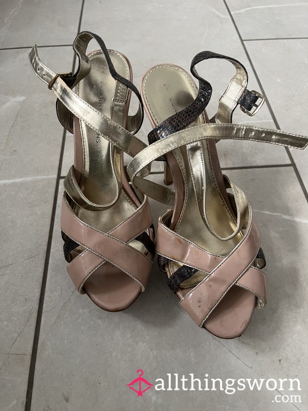 Worn Heeled Pink And Gold Sandals