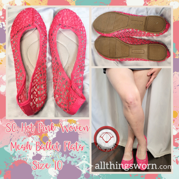 Worn Hot Pink Woven Mesh Ballet Flats - Size 10