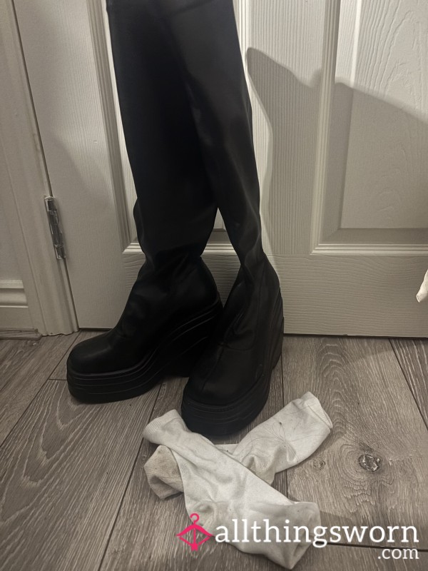 Worn Latex Knee High Boots With Worn Socks