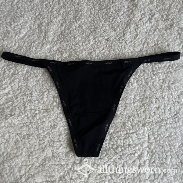 WORN NEW AE Aerie American Eagle Black Logo G-String Thong *48 HR WEAR*