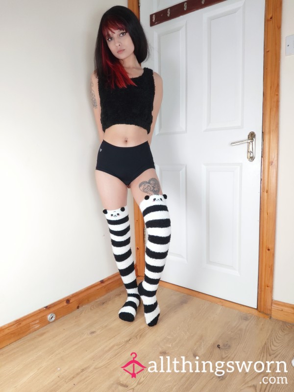 Worn Panda Fluffy Thigh High Socks