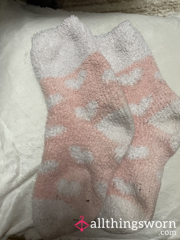 Worn Pink And White Love Heart Fluffy Socks