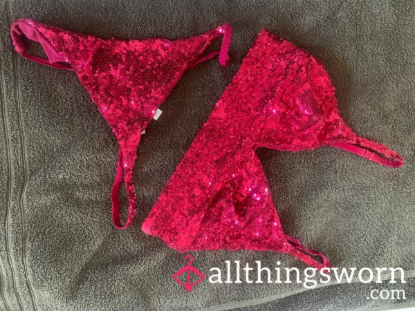 SALE:Worn Pink Matching Sequin Bra And Thong  36C