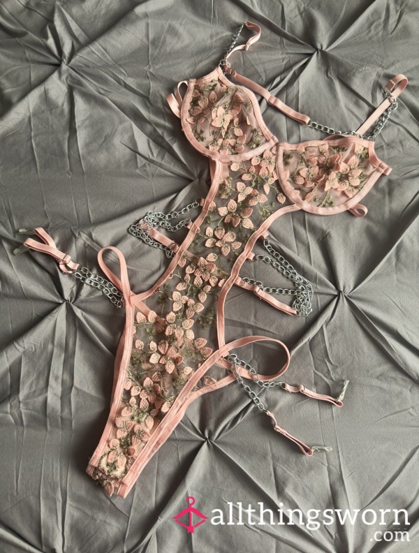 Worn Pink Mesh Bodysuit With Chains