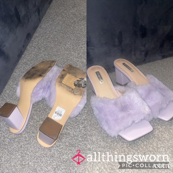 Worn Purple Fluffy Slipper Style Heels