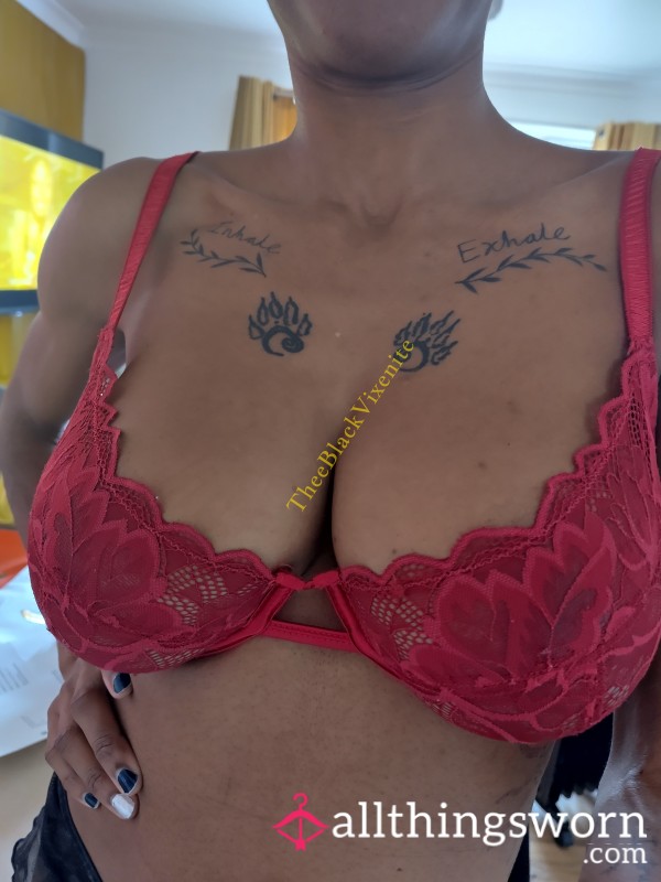 Worn Red Lace Bra UK Size 32DD