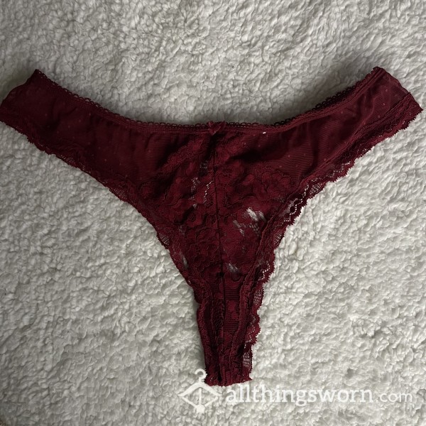 WORN Red Maroon See Through Lace Thong *48 HR WEAR*