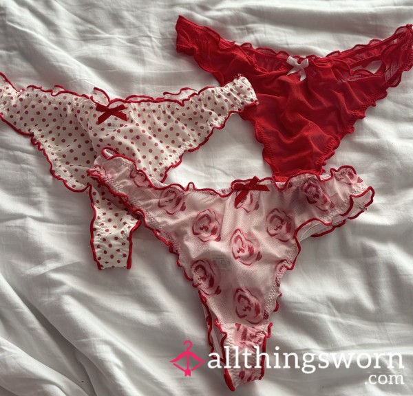 Worn Red & White Lacy Mesh Thongs ❤️