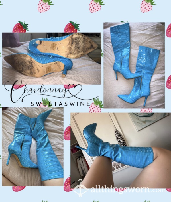 🍷UK 6|🦶🏼Worn S**y Blue Croc Print Leather Heel Boots👢💙