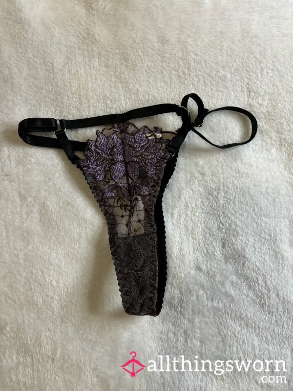 Worn S**y Purple And Black Flor*l Lace Thong