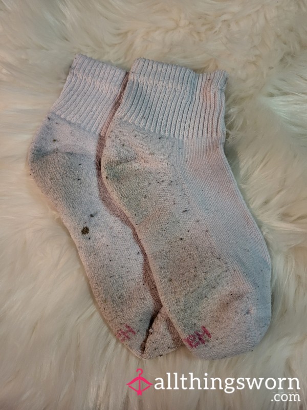 Worn White Ankle Hanes With Pink Lettering