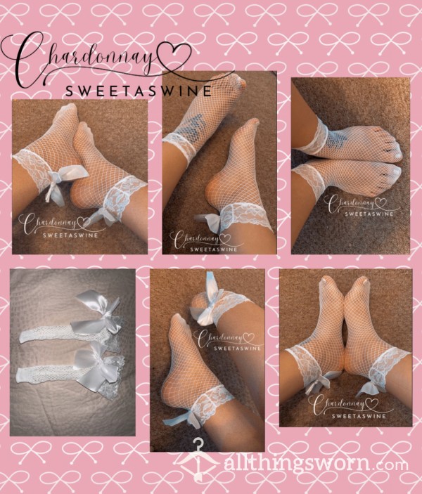 🦶🏼Worn White Fishnet Satin Bow Socks🎀🧦