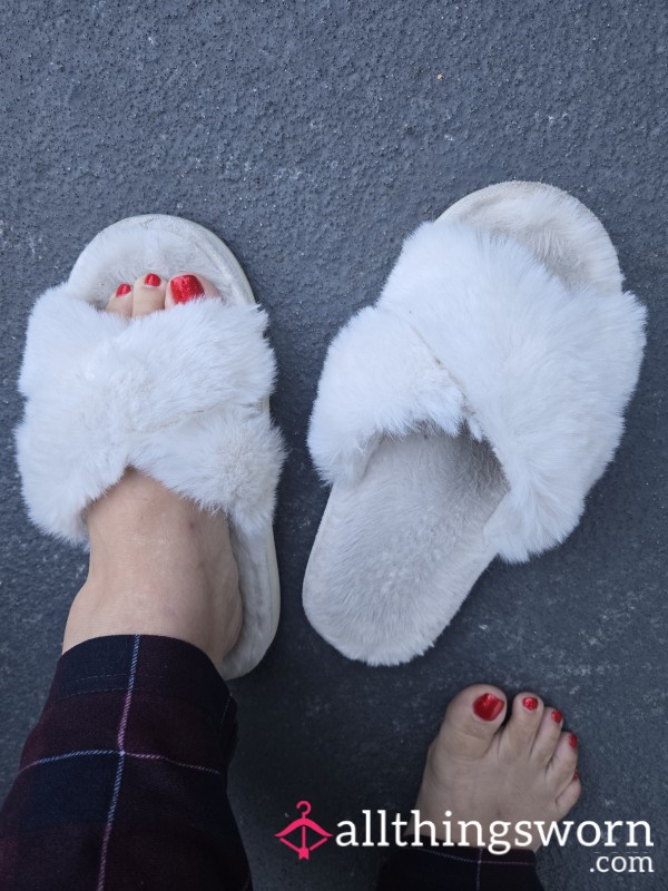 Worn White Fluffy Slippers