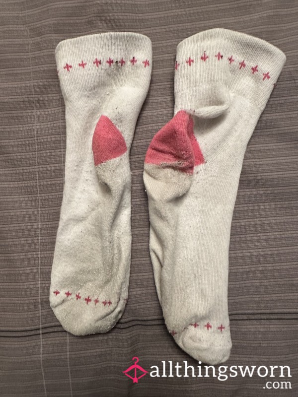 Worn, White Sports Socks With Pink Trim