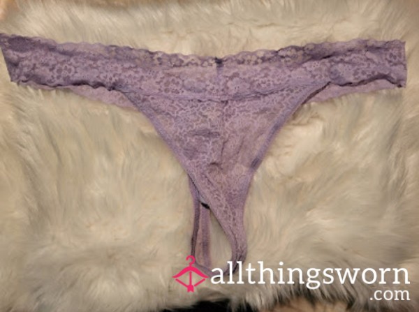 Worn XL Lavender Lace Thong With Cotton Gusset - 1 Save