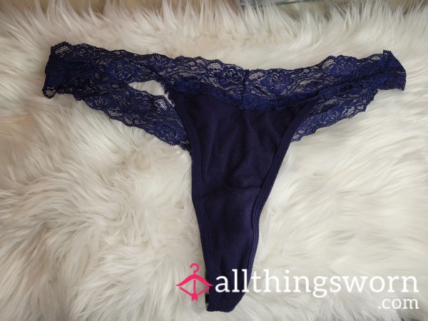 XL Blue Cotton And Lace Thong - 1 Save