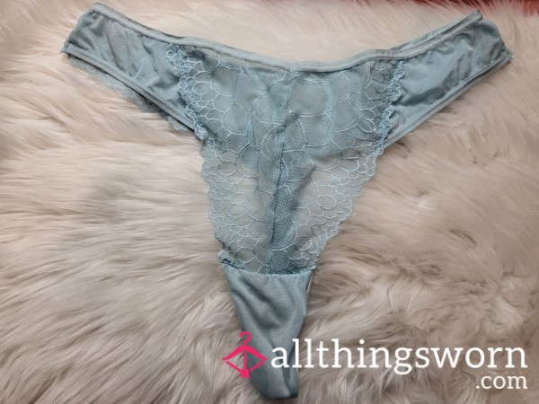 XL Blue See Through Thong With White Cotton Gusset