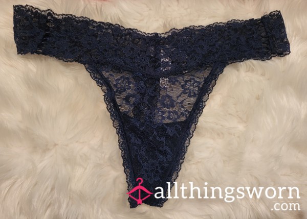 XL Blue Victoria Secret Lace Thong With Cute Embellishments And Cotton Gusset