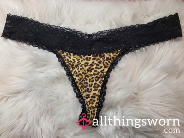 XL Cheetah And Black Thong With Black Lace Accents