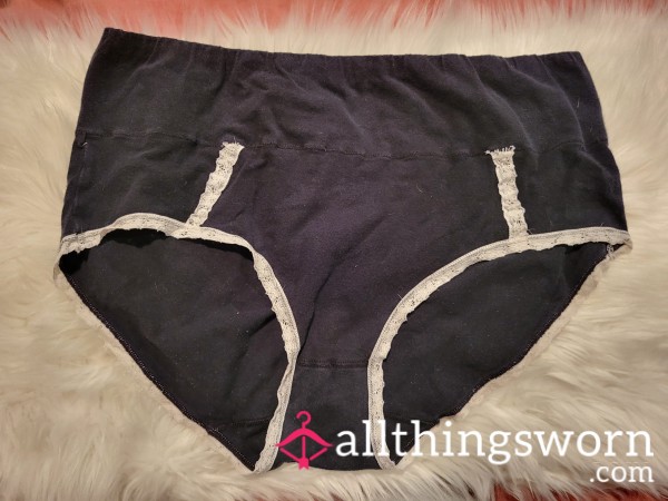 XL High Waisted Black Cotton Panties With White Trim - 2 Saves