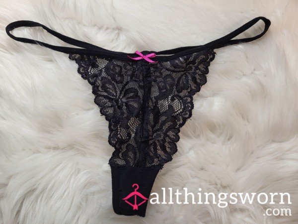 XL Little Black Lace Gstring With A Pink Bow