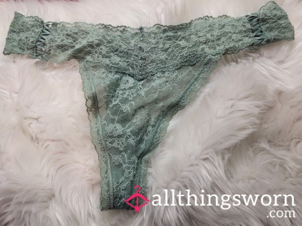 XL Victoria Secret Sage Green Lace Thong With Pretty Embellishments - 1 Save