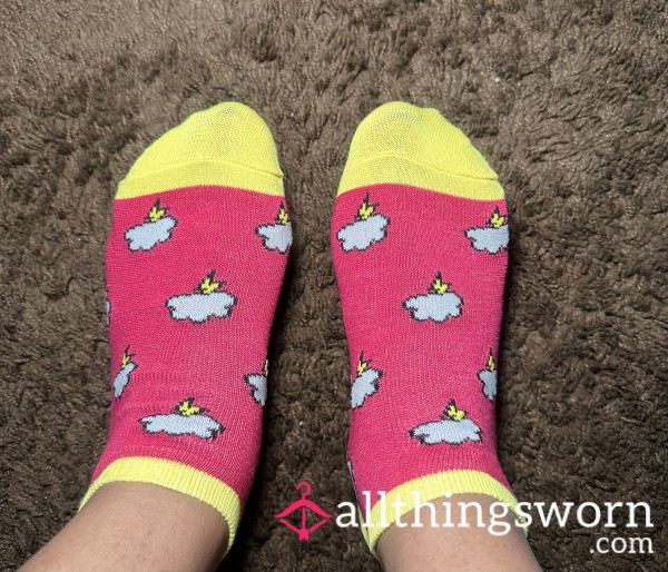 Yellow And Red Ankle Socks With Clouds