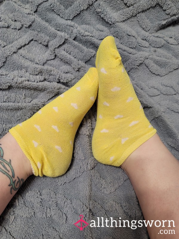 Yellow And White Heart Ankle Socks Low Cut - Free US Shipping