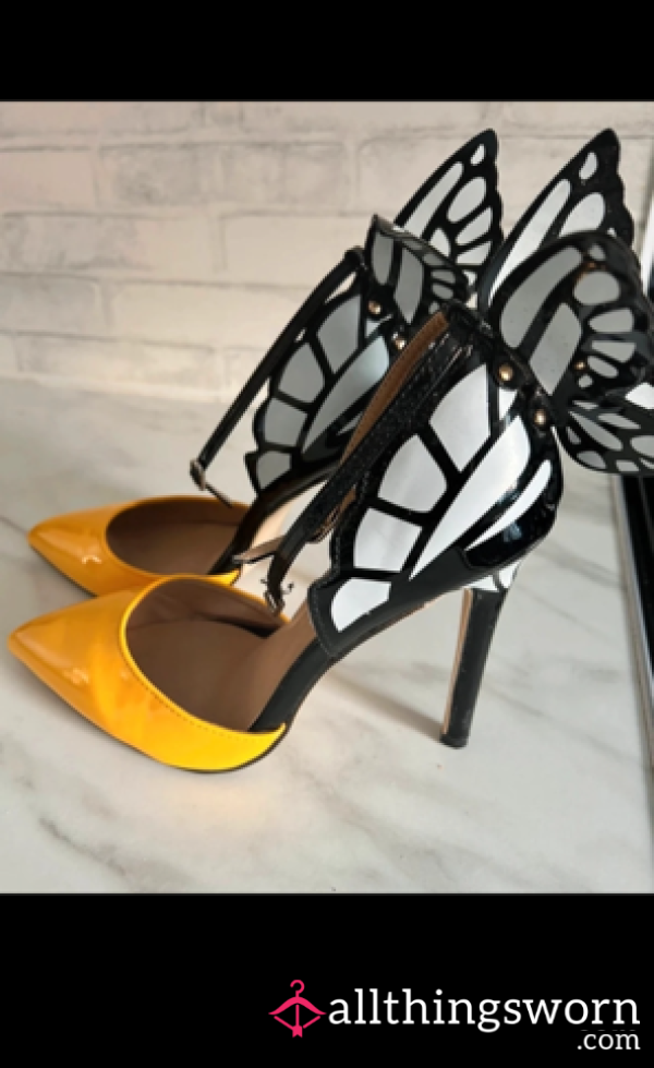 Yellow & Black Bu*terfly Party Heels Sz 6