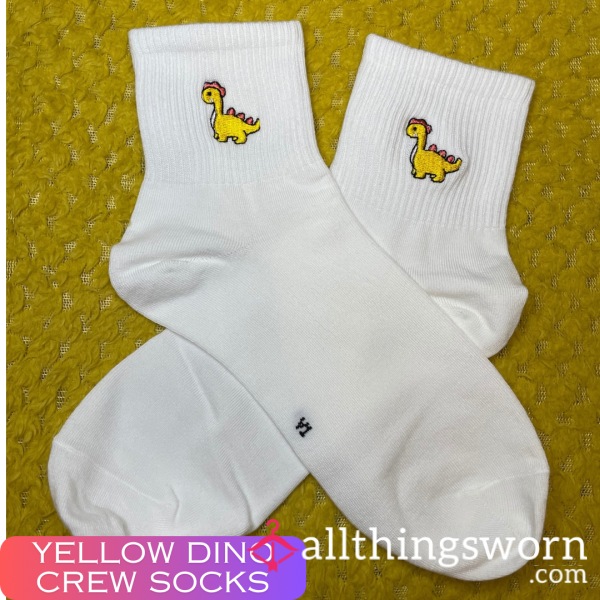 Yellow Dino White Crew Socks 💛  - 2 Day Wear + 1 Workout Included - £15 😈 Longer Wears And International Shipping Available 🌍