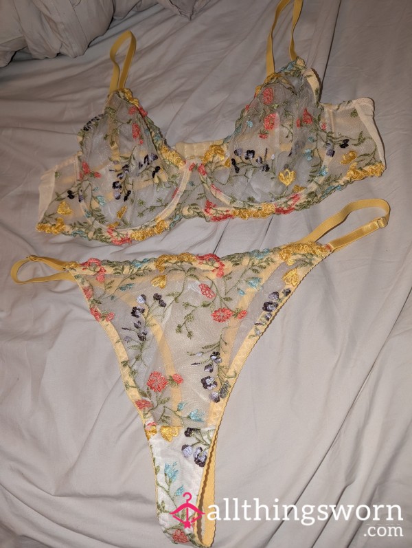 Yellow Flor*l Bra And Thong Set