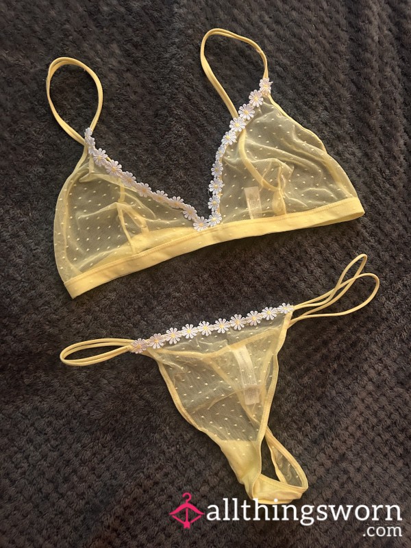 Yellow Mesh Flor*l Bra And Thong Set